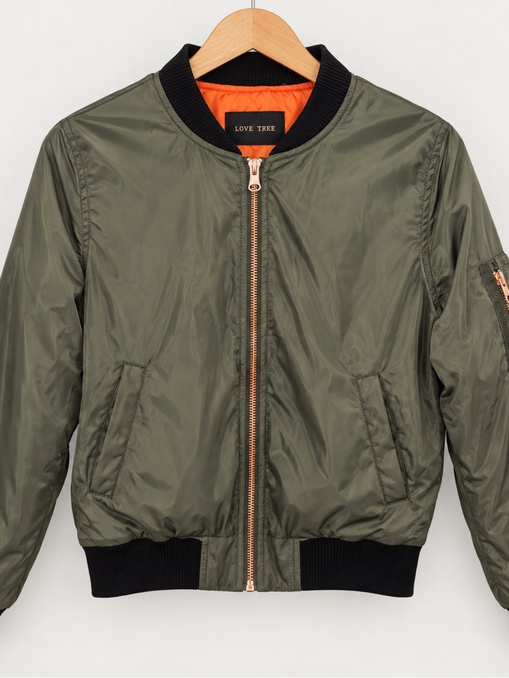 Love Tree Women’s Olive Green Bomber Jacket Orange Lining Size Medium